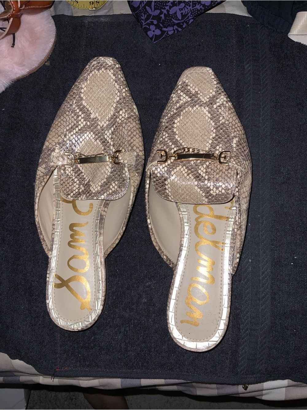 Sam Edelman Beige Snake-Print Pointed Toe Mules with Gold Bit